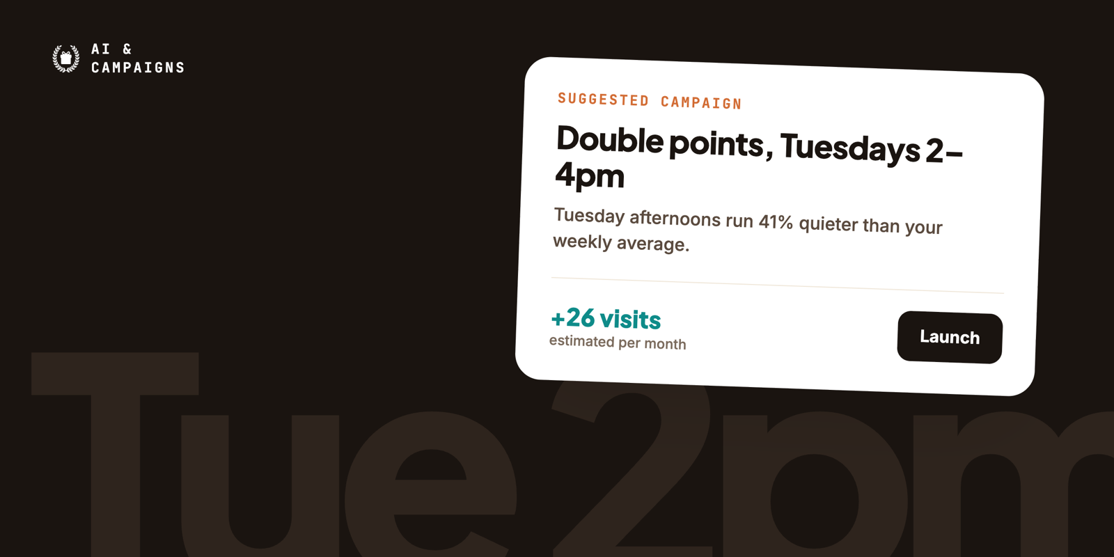 A suggested campaign card offering double points on Tuesday afternoons, with a Launch button
