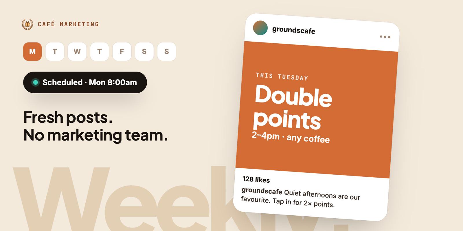 A scheduled Instagram post from a café offering double points on Tuesday from 2 to 4pm, beside the words