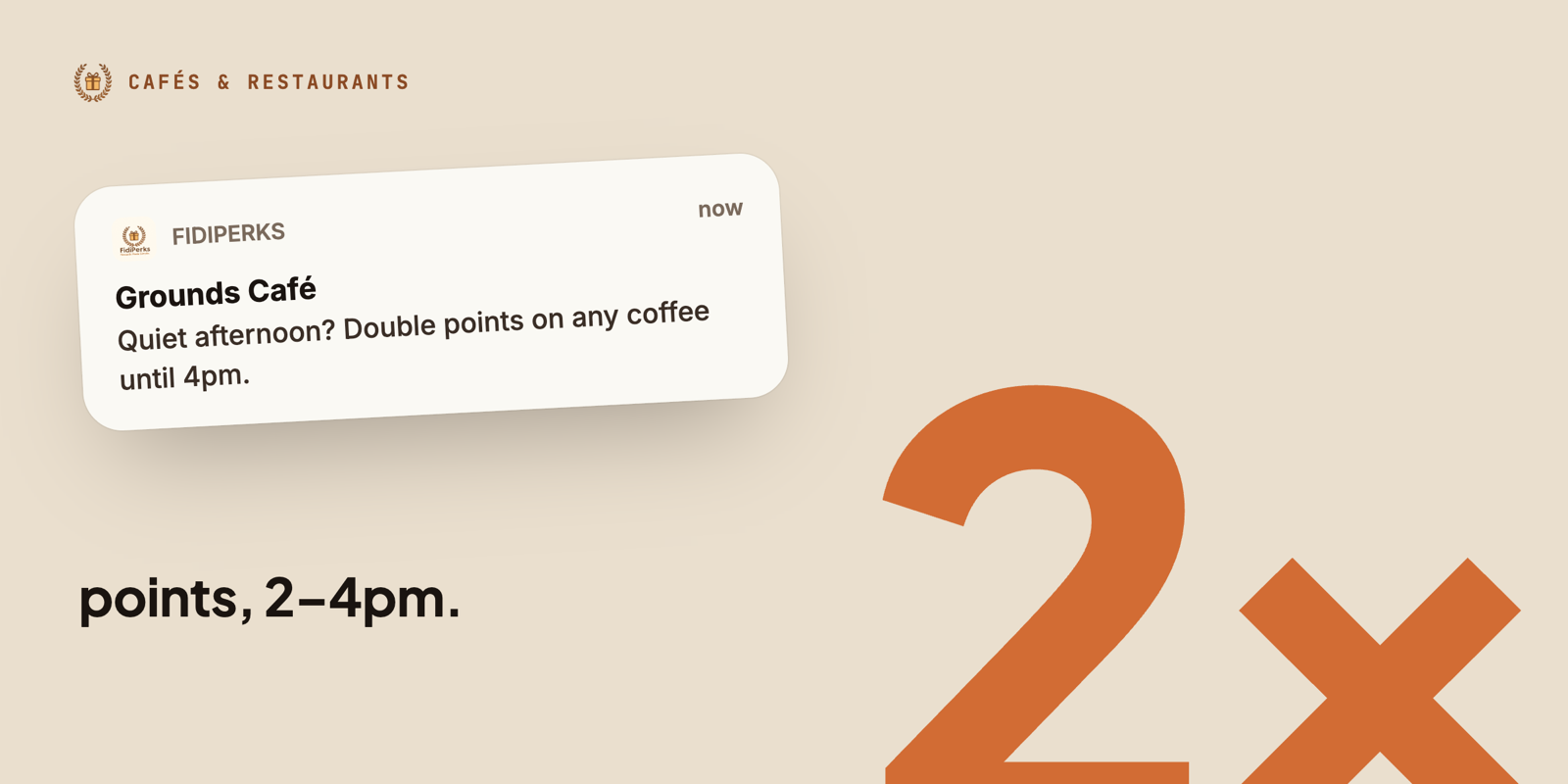 A phone notification from a café offering double points on coffee from 2 to 4pm