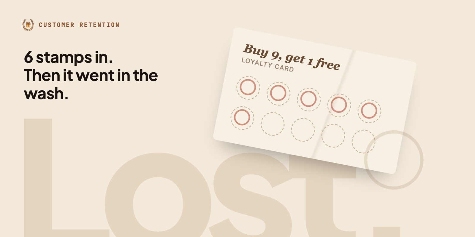 A crumpled paper loyalty card with six of ten stamps and the word