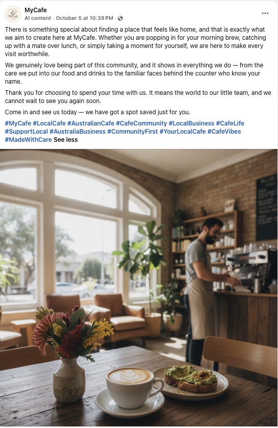 A Facebook post for a café, written and published by the FidiPerks Marketing Agent: a warm welcome message with local hashtags and a photo of a flat white and avocado toast in a sunlit café
