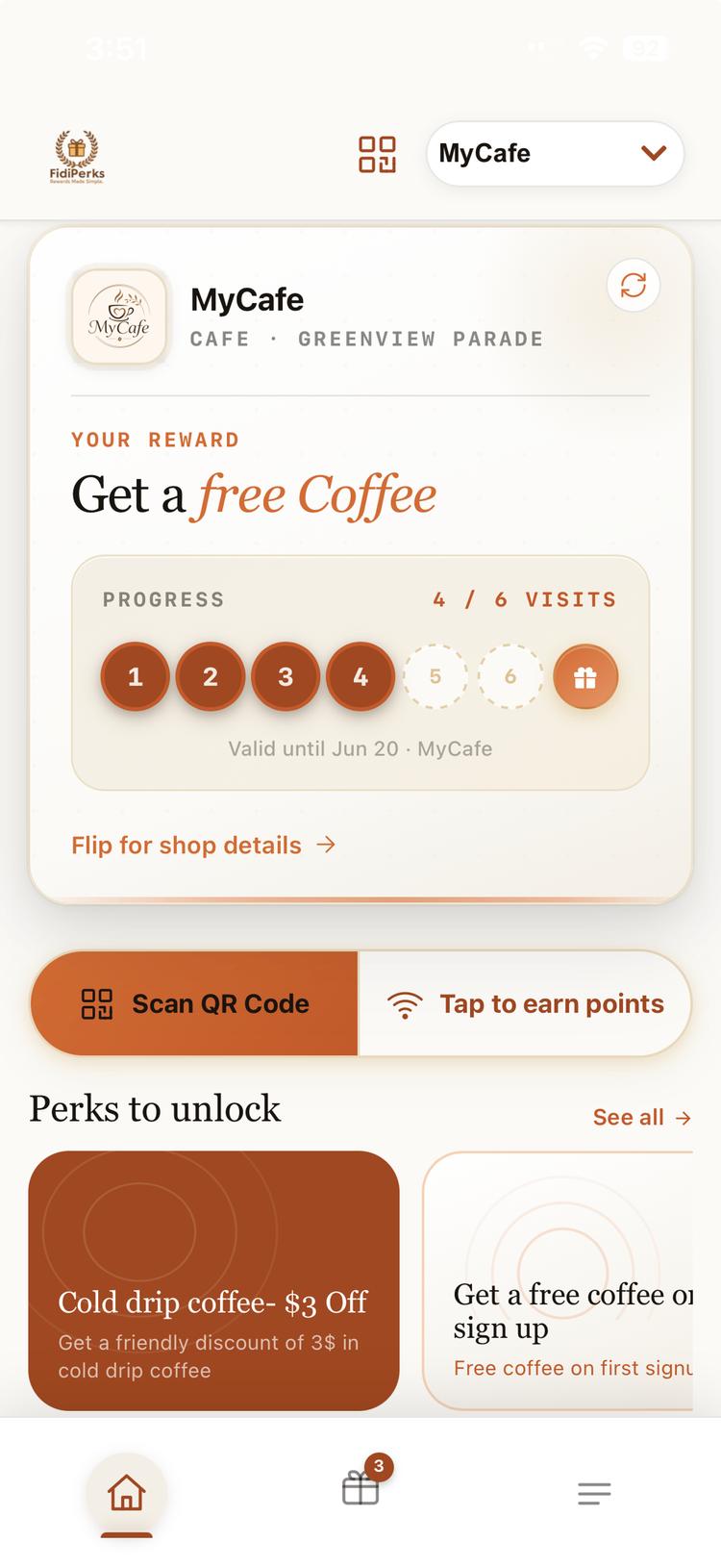 FidiPerks user app with cafe loyalty card