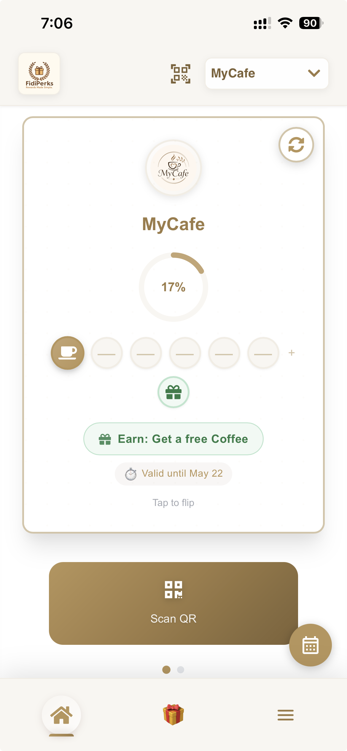 FidiPerks user app with cafe loyalty card